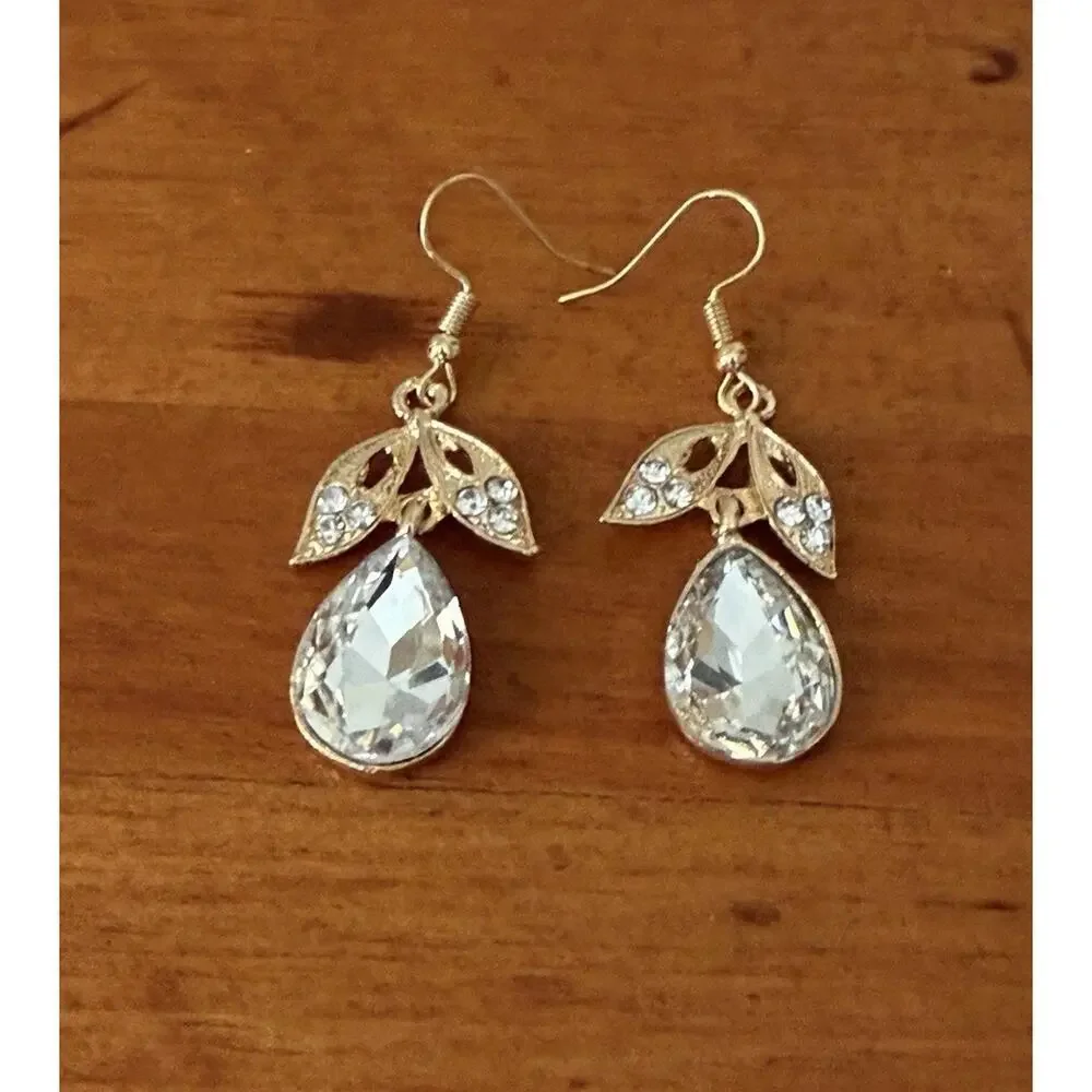 Crystal Teardrop Dangle Earrings Gold Tone Leaf Bridal Wedding Prom Formal